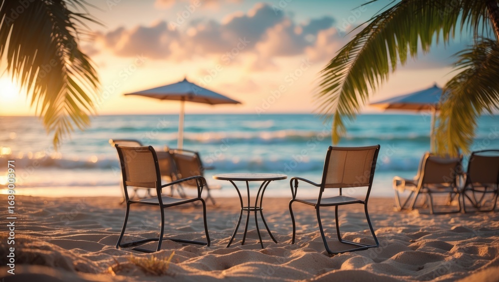 Obraz premium Beachside chairs and tables with umbrellas at sunset on the beach.