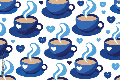 Cozy blue coffee cups with steam and hearts create a warm, inviting pattern perfect for cafes and gifts.