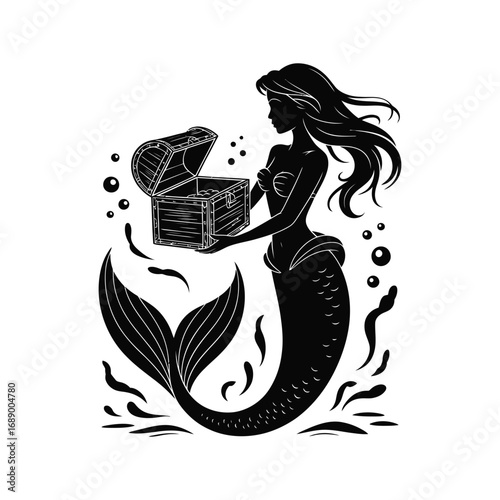 Enchanting Mermaid Silhouette Illustration with Treasure Chest and Bubbles on White Style