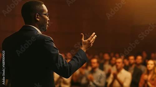 Motivational speaker addressing a captivated audience in a dimly lit auditorium, delivering a powerful speech.
