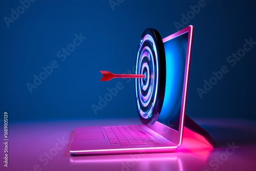 Laptop Screen with Target Hit by Arrow – Success and Precision Concept
