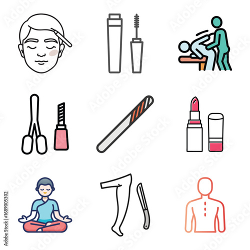 Colorful spa and beauty treatment icons set for wellness and self-care