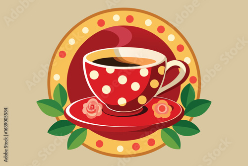 Cozy red polka dot teacup steaming with warm beverage on decorative saucer surrounded by leaves
