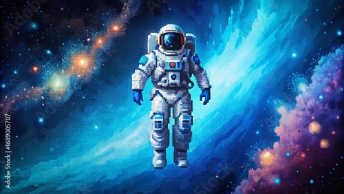 Pixel Art Astronaut in Blue Nebula Space
