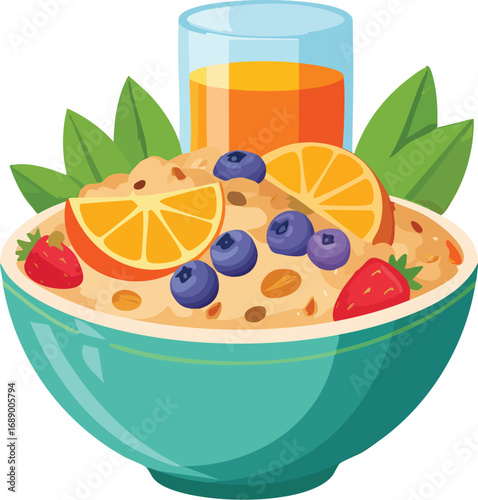 Healthy breakfast bowl with cereal, berries, and a glass of orange juice. Fresh start to the day with fruit and vitamins. Generative AI