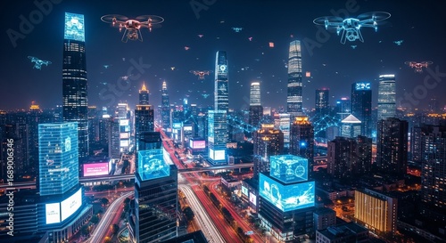 Wallpaper Mural A futuristic smart city at night, with a network of autonomous delivery drones flying between illuminated skyscrapers. Torontodigital.ca