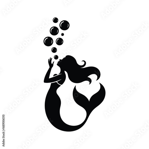 Enchanting Mermaid Silhouette Illustration Blowing Bubbles in Black and White Vector