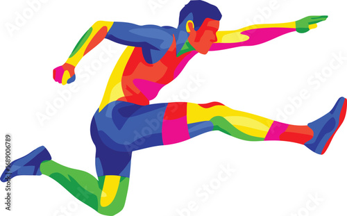 Athletic runner hurdles in vibrant colors displaying power and determination during intense competition