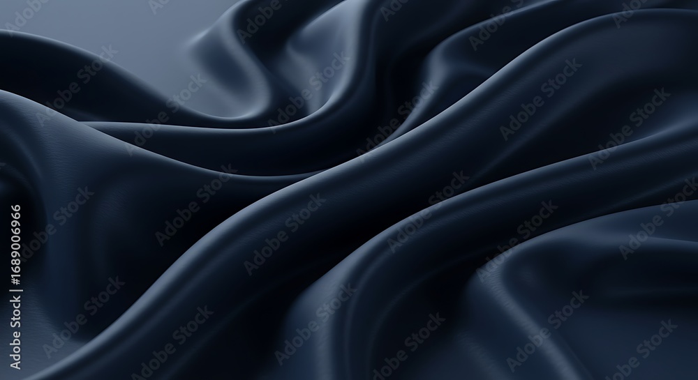 Fototapeta premium A symbol of opulence and fluid motion, dark navy blue silk fabric flows in elegant waves, creating a luxurious and abstract textured background