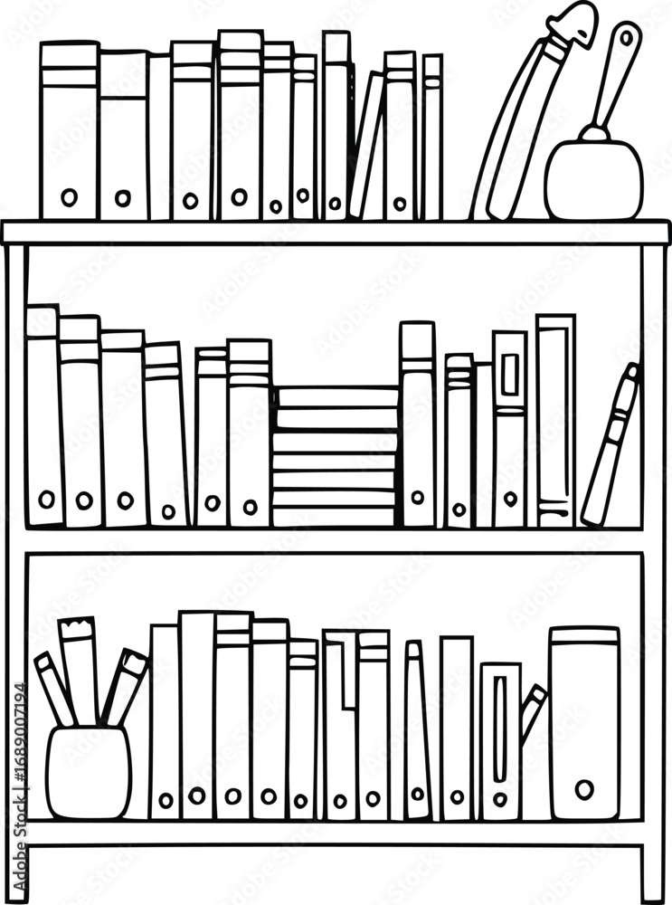 Obraz premium Bookshelf Sketch with Books and Office Supplies