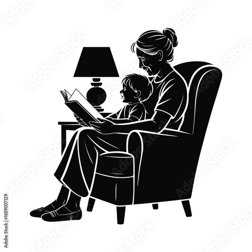 Grandmother Reading to Child Silhouette Illustration in Black and White Vector