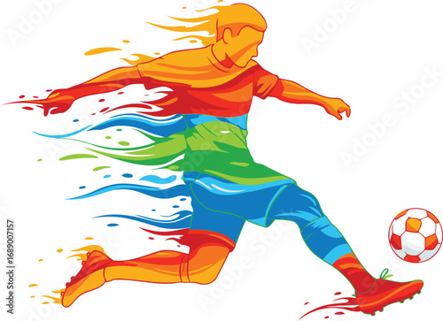 Energetic soccer player kicks the ball with power in a dynamic display of athleticism and motion