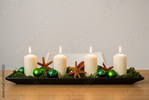 Festive Advent Candle Arrangement with Moss and Ornaments