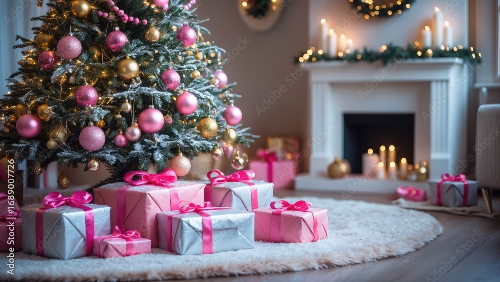 Obraz premium Christmas tree decorated with pink and gold ornaments with presents under, in a cozy living room with candles and festive decorations.