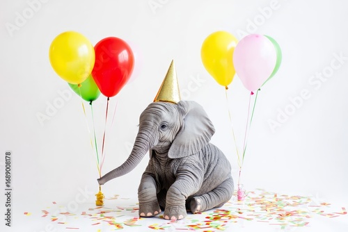 Adorable Baby Elephant Celebrating with Balloons and Confetti