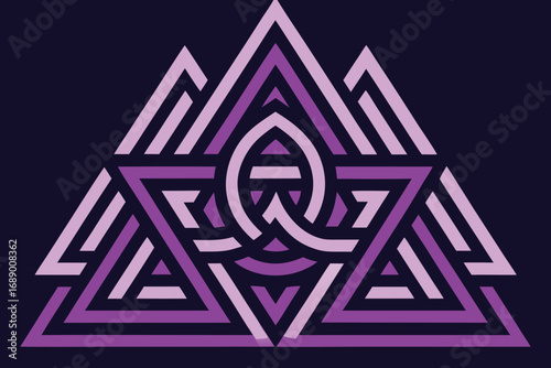 Striking geometric purple abstract pattern with modern layered triangular design and subtle Q letter motif