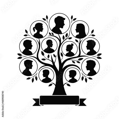 Family Tree Silhouette Illustration with Portraits Genealogy Pedigree Ancestry Lineage