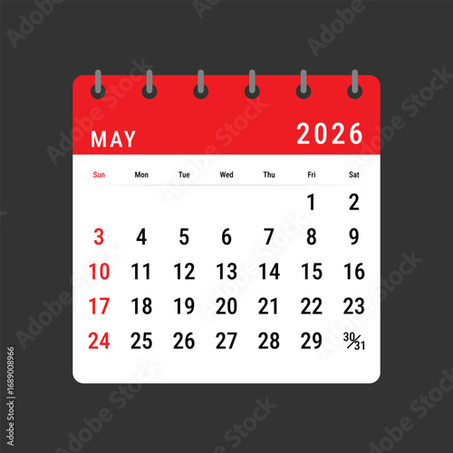 Red 2026 May Calendar Layout Vector