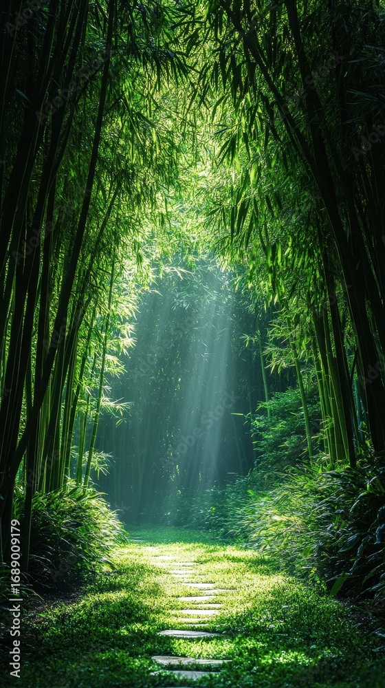 Fototapeta premium Serene Bamboo Forest Pathway with Sunlight Rays Streaming Through Tall Green Stalks in a Tranquil Nature Scene