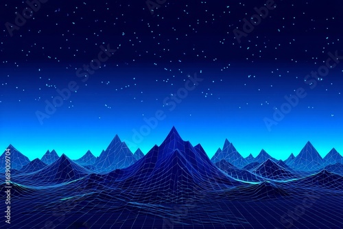 Abstract Neon Mountainscape - Cyberpunk Landscape with Stars