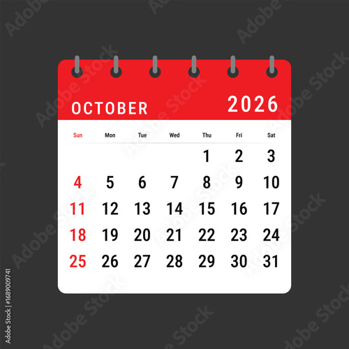 Red 2026 October Calendar Layout Vector