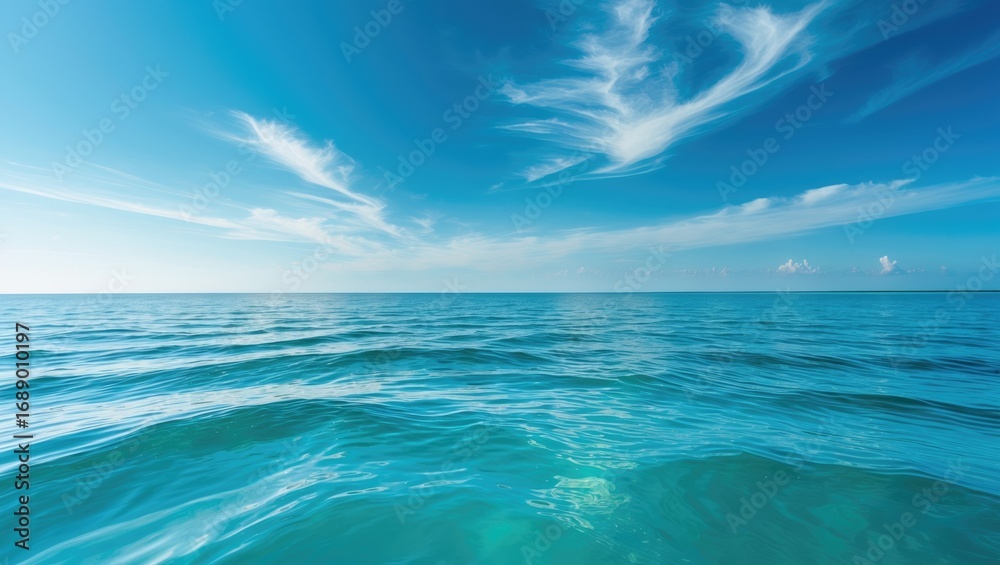 Fototapeta premium Vast ocean view under a blue sky with wispy clouds and gentle waves.