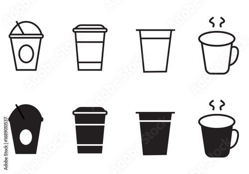 Coffee Cup Icons Set – Hot and Cold Drink Vector Symbol, Takeaway Mug, Cafe Beverage Illustration