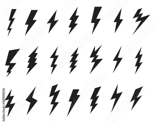 Lightning Bolt Icon Set – Flash Symbol, Thunderbolt, Electric Energy Silhouette, Power Strike, Dynamic Sports Logo Vector