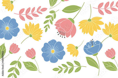 Seamless Pattern with Colorful Flowers and Leaves