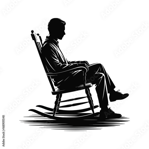 Contemplative Man Silhouette Illustration Sitting in a Rocking Chair in Black and White
