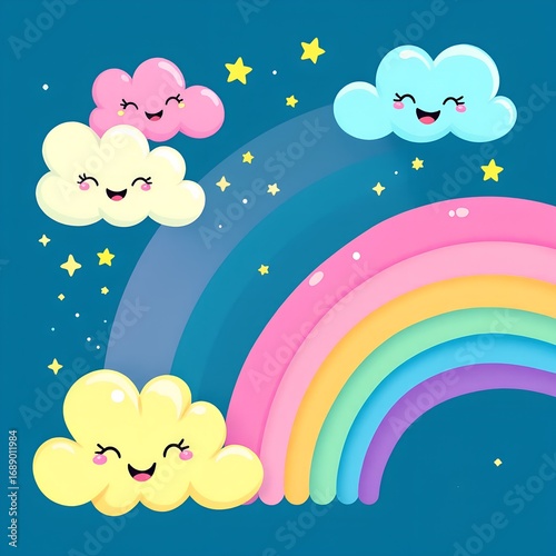 Whimsical Rainbow Sky Smiling Clouds Sparkling Stars and Pastel Arches.