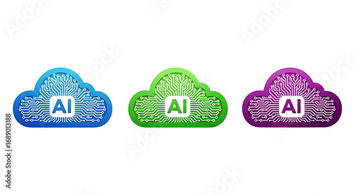 Gradient clouds glow, showing digital circuit style. AI technology icons on black are great for tech branding, website graphics, posters, and more.