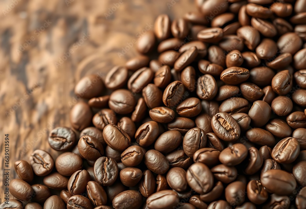 Fototapeta premium Close-up of rich brown coffee beans, textured background, coffee background, detail