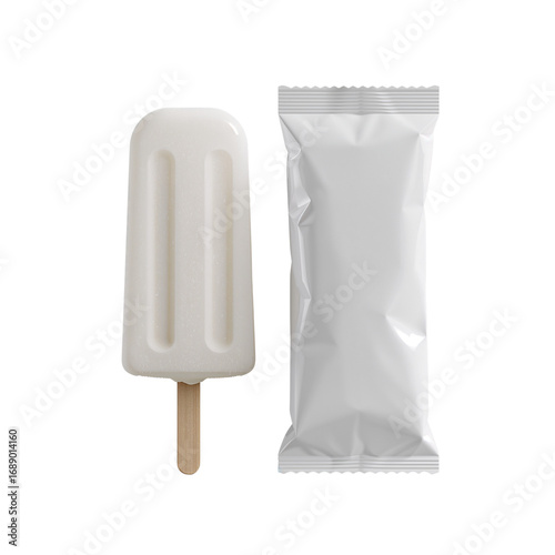 Minimalist presentation of a creamy white popsicle and blank packaging on black background