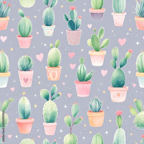 Whimsical Watercolor Cactus Garden Pattern with Cute Potted Plants Pink Hearts and Twinkling Stars.