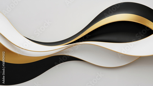 Elegant abstract background design featuring wavy black white and gold layers on a light backdrop