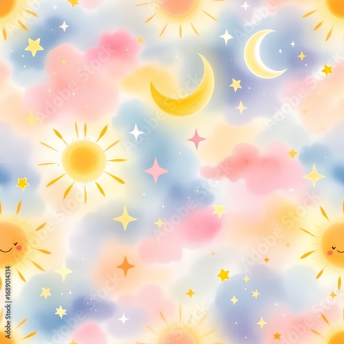 Whimsical Watercolor Sky Smiling Suns Moon Stars and Clouds Seamless Pattern.