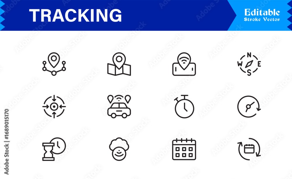 Fototapeta premium Tracking line icon set featuring pixel-perfect, editable vector graphics. Includes professional, modern, and minimal designs ideal for logistics and location services.