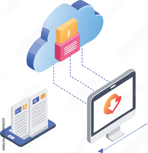 3d isometric digital cloud file sharing system illustration for data security and access