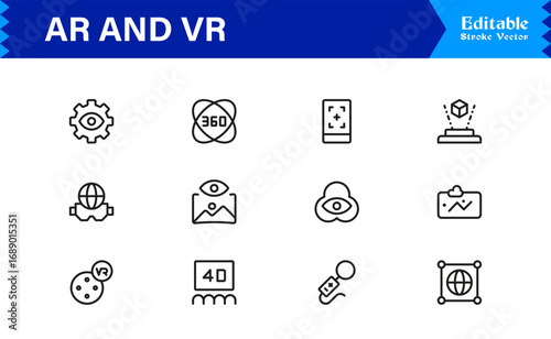 AR and VR Experience Icons – Modern Professional Line Icon Set Featuring Minimal Vector Style for Augmented and Virtual Reality, Technology, and Digital Interfaces