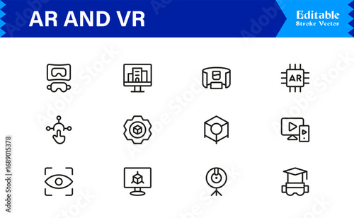 AR and VR Experience Icons – Modern Professional Line Icon Set Featuring Minimal Vector Style for Augmented and Virtual Reality, Technology, and Digital Interfaces