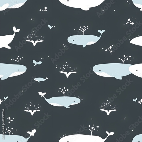 Whimsical Whale Pattern Playful Marine Life on Dark Background.