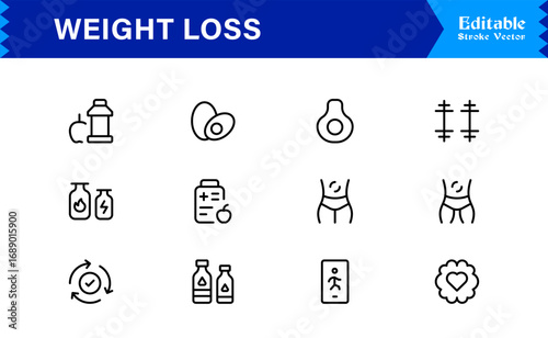 Weight Loss line icon set with modern minimal style, professional health and fitness collection, unique slimming and diet vector icons for clean visual communication, sleek design