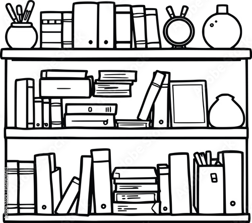 Simple Bookcase Drawing with Books and Files