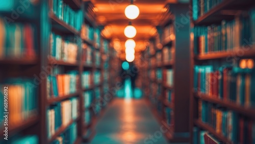 Library shelves with books and warm lighting, blurred background.