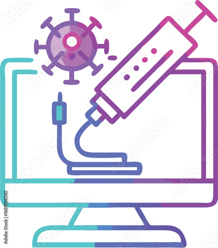 Futuristic holographic vaccine research illustration syringe monitor virus science vector