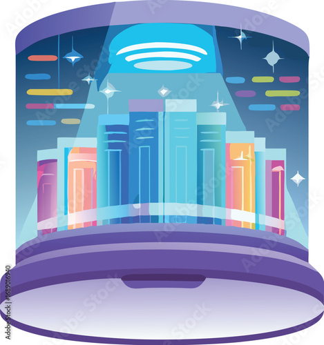 Futuristic digital library with holographic glowing books and data streams vector illustration