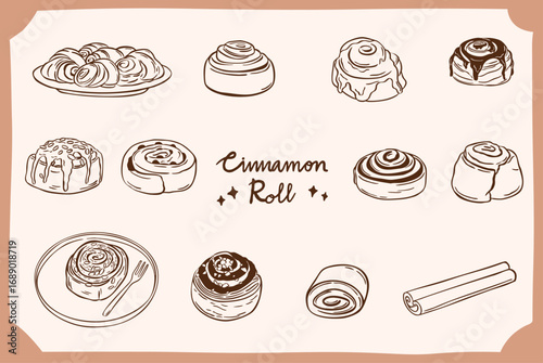cinnamon rolls cake doodle hand drawn sketch illustration collection set