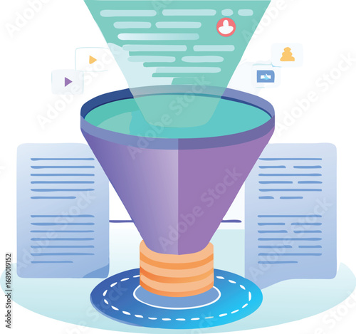 Futuristic holographic content marketing funnel strategy illustration scalable vector graphic