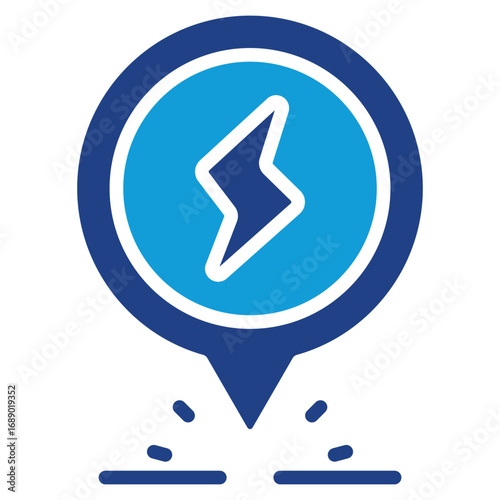 Electricity Short Location Glyph Blue Silhouette Icon Design Vector - Location pin with lightning bolt showing frayed cable, exposed wire, or power fault